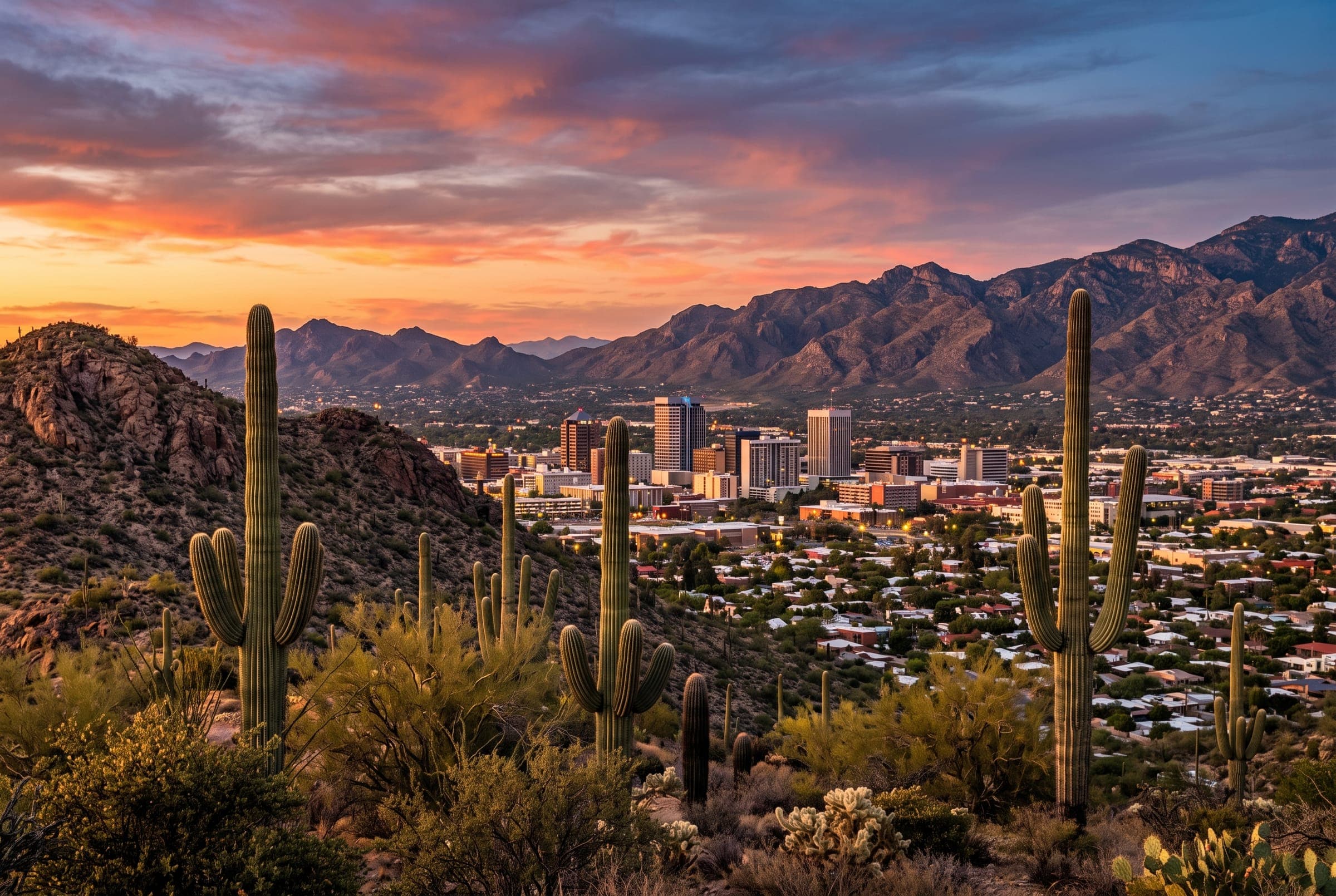 Tucson skyline at sunset from the foothills, saguaros in the foreground