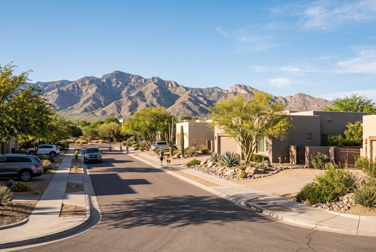 Quiet Tucson neighborhood street with desert landscaping and mountains behind
