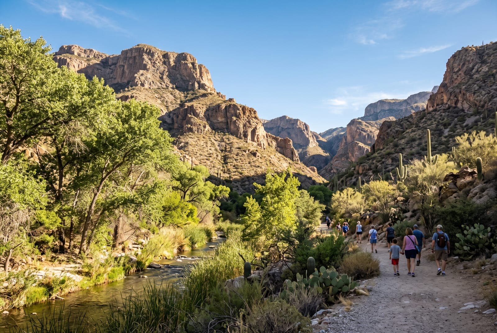 Hikers on a creekside trail in a desert canyon