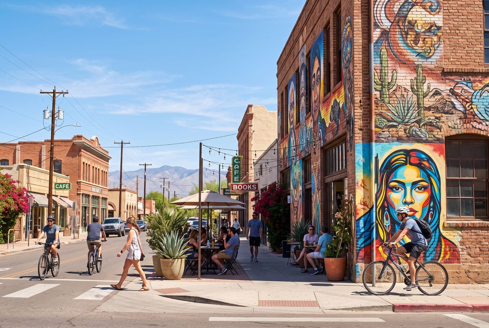 A street with large painted murals and cyclists