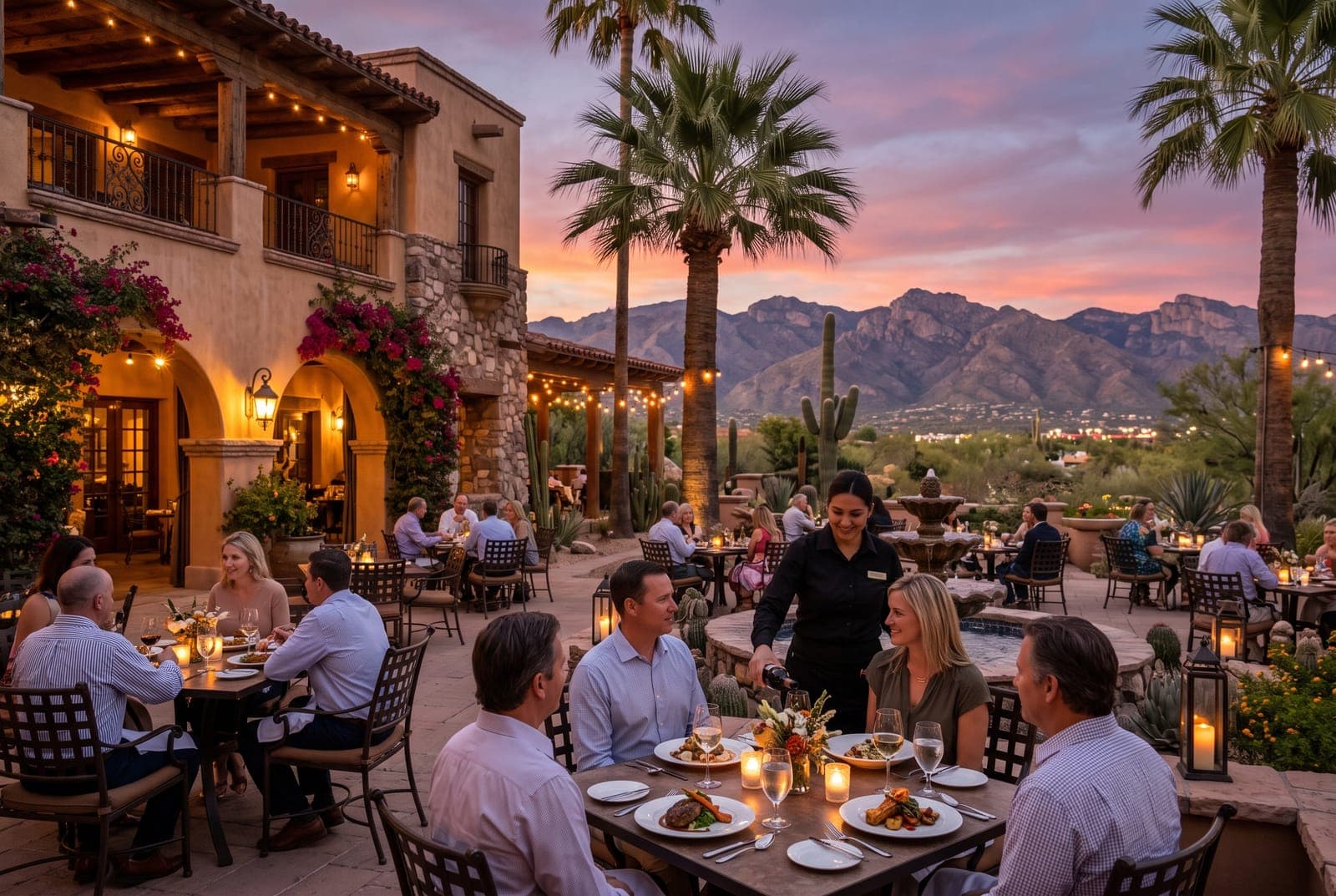 Diners on a candlelit patio
